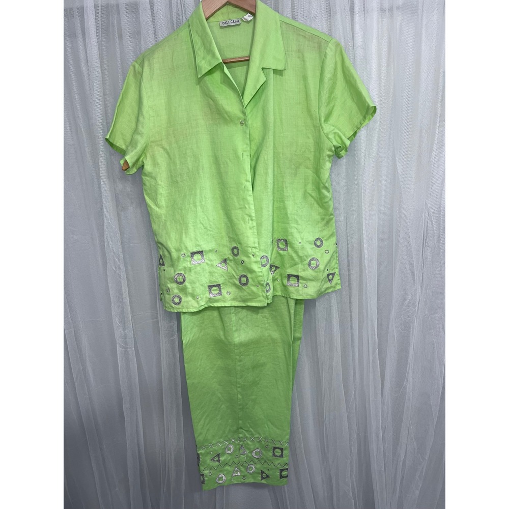 Cali Cali Womens Lime Green 2 Piece Set Shirt Pants Geometric Silver Embroidery